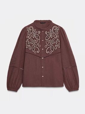 NWT Zara Woman EMBROIDERED BIB BLOUSE Top Size S Small
